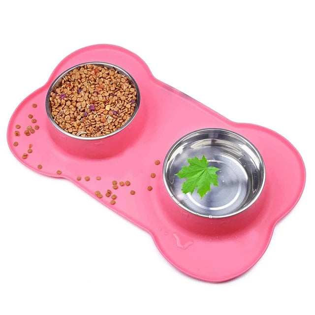Antislip Double Dog Bowl With Silicone Mat